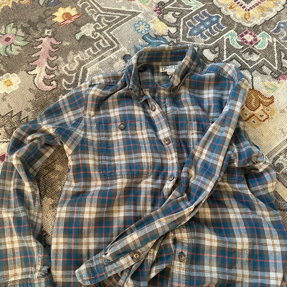 Duluth Trading Co Blue and Brown Plaid Shirt